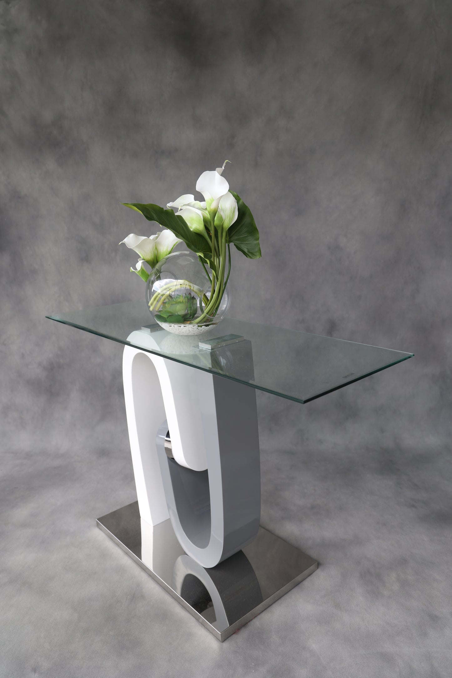 CONSOLA GRIS Y BLANCA WITH GLASS TOP